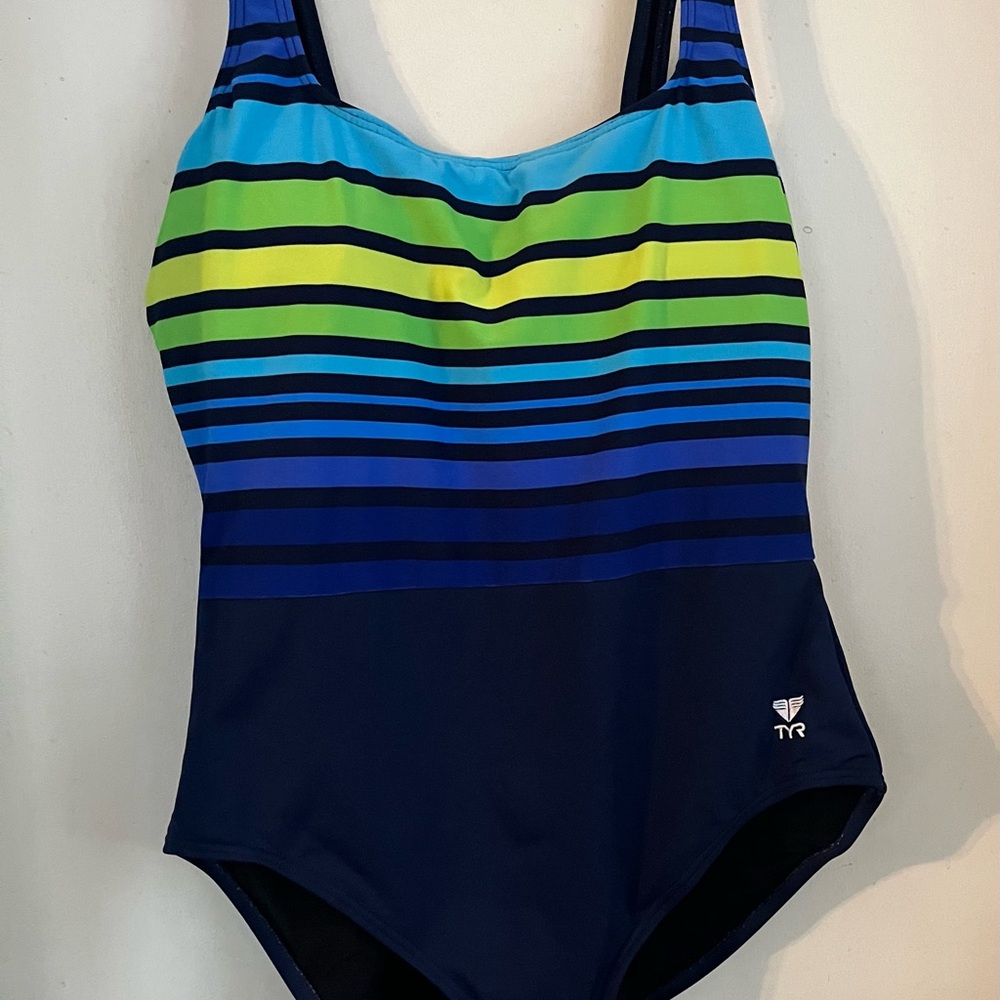 TYR Navy One-Piece Swimsuit with Aqua, Lime & Yellow Stripes